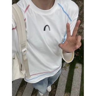 潮牌打底衫 彩色哈蘇線拼接速干長(zhǎng)袖 t恤男秋季 戶外運(yùn)動(dòng)騎行服美式