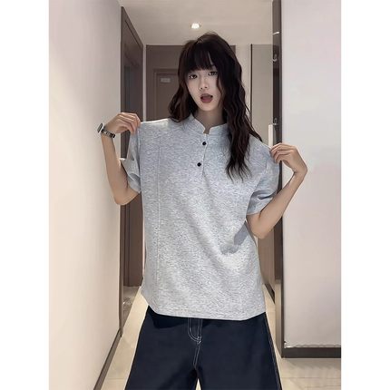美式潮牌亨利领短袖t恤男款夏季复古解构正肩体恤薄款透气POLO衫