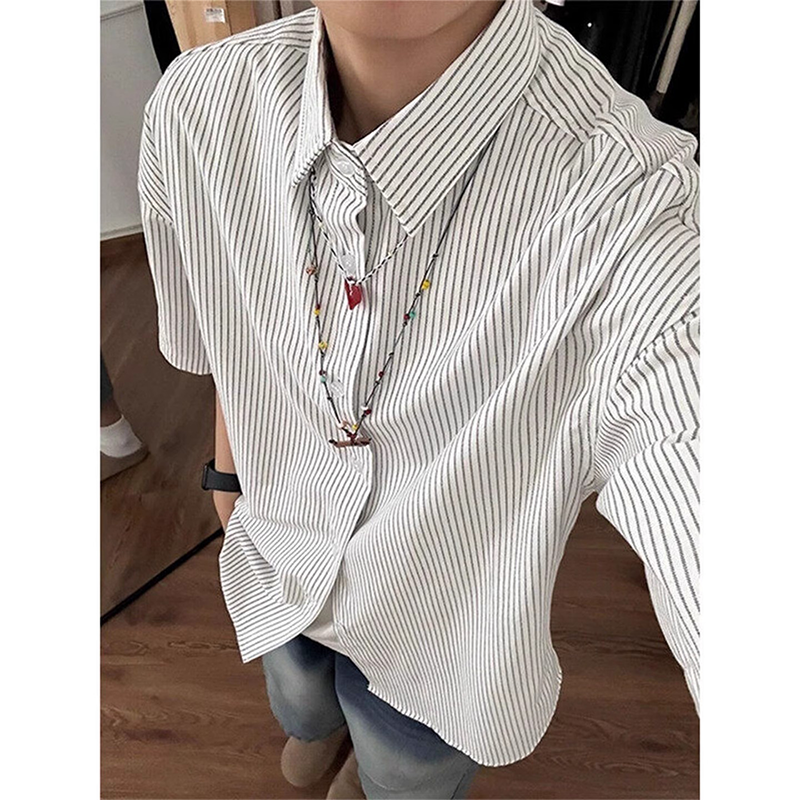 白色正肩条纹短袖衬衫男款夏季日系复古少年感衬衣潮牌五分袖外套