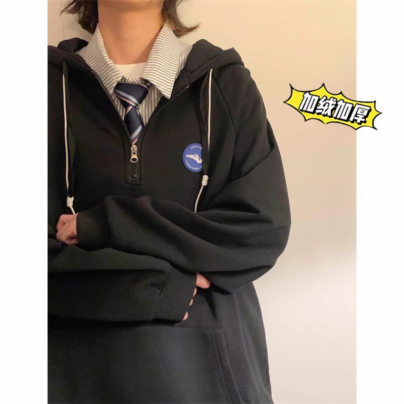 짙은 녹색 하프 지퍼 후드 오버사이즈 헤비 스웨트 셔츠 남성용 아메리칸 레트로 플러스 벨벳 봄 가을 겨울 커플 코트