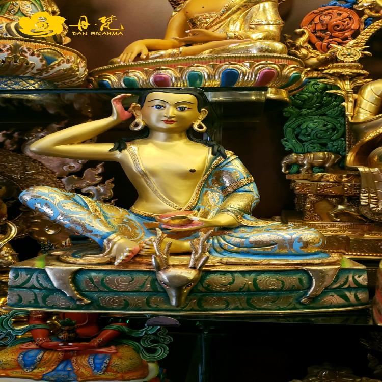 尼泊尔全鎏金彩绘噶举派三祖师雕像藏傳西舉師古代精品33cm铜雕