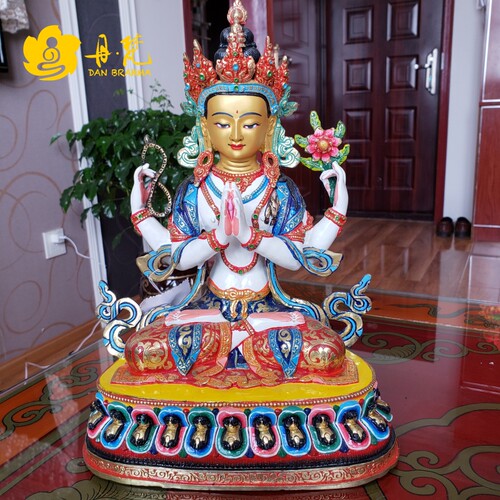 尼泊尔精品彩绘四臂观音雕像观音释迦族雕像工艺高西藏古代铜雕