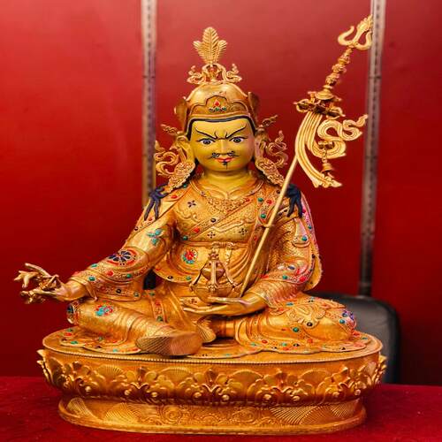 莲花生大师尼泊尔全鎏金精品手工镶嵌宝石 guru Rinpoche 69cm
