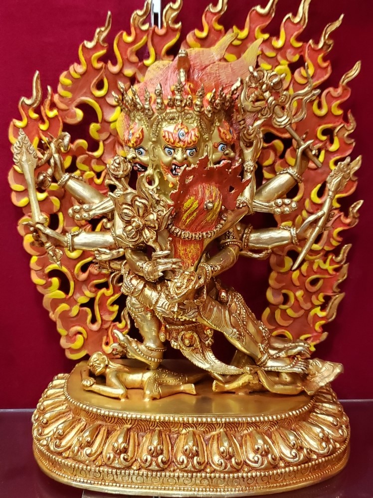 马头金刚雕像尼泊尔全鎏金彩绘马头明王三面马头冥王护法铜雕33cm