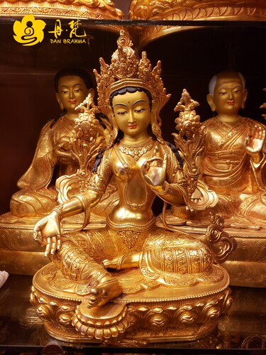 尼泊尔释迦族全鎏金绿度母雕像一尺纯铜雕像精致包西藏古代铜雕