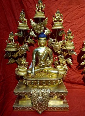 尼泊尔精品释迦牟尼佛 带背光底座 释迦摩尼铜鎏金摆件 高度53cm