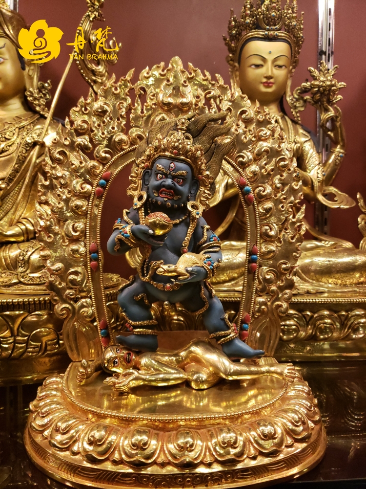 尼泊尔释迦族精品鎏金彩绘黑财神雕像 一尺密宗手工雕像高33cm