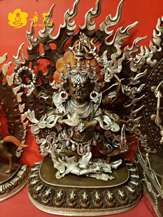 尼泊尔六臂玛哈嘎啦雕像 高45cm 紫铜鎏银六臂大黑天雕像