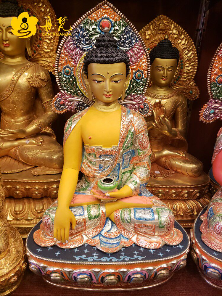 尼泊尔精品彩绘三宝佛释迦牟尼佛阿弥陀佛药师佛释迦西藏古代铜雕