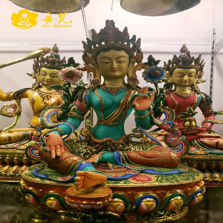 尼泊尔释迦族精品绿度母雕像彩绘雕像大师级作品高西藏古代铜雕