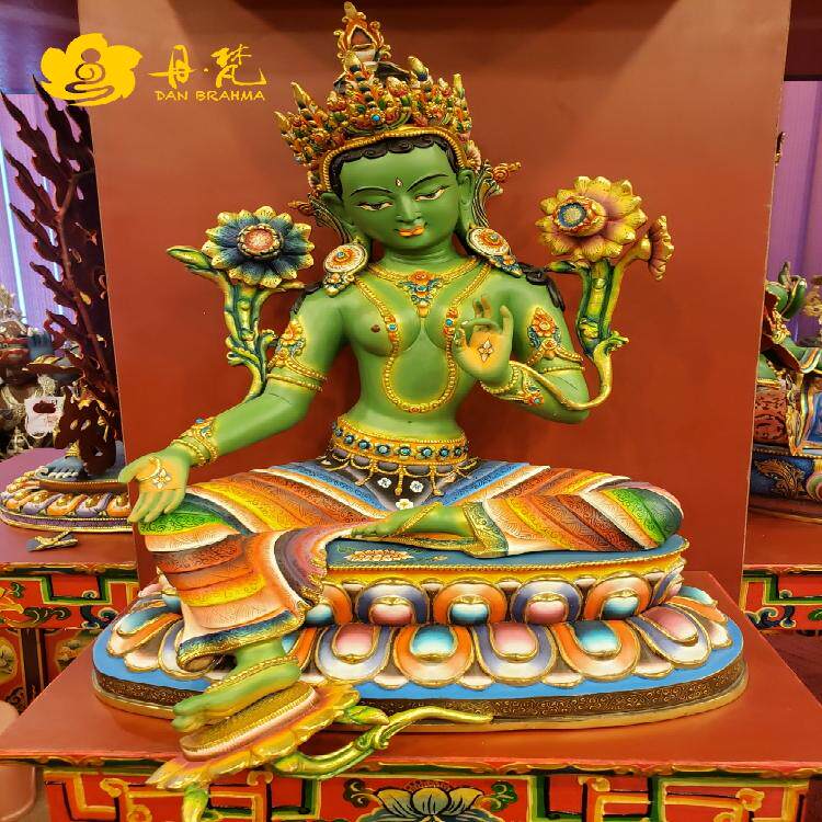 丹梵尼泊尔释迦族精品彩绘绿度母雕像卓玛铜雕高雕像西藏古代铜雕