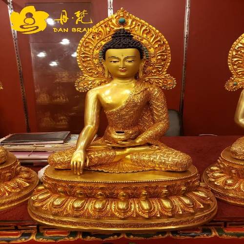尼泊尔全鎏金释迦牟尼佛雕像 佛祖铜雕佛吉祥结图案 高50cm带背光