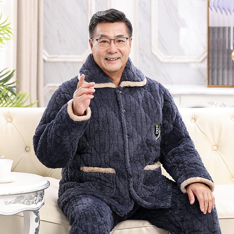 中老年男款加厚珊瑚绒三层夹棉袄