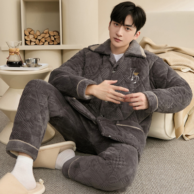 男士珊瑚绒三层加绒加厚夹棉套装