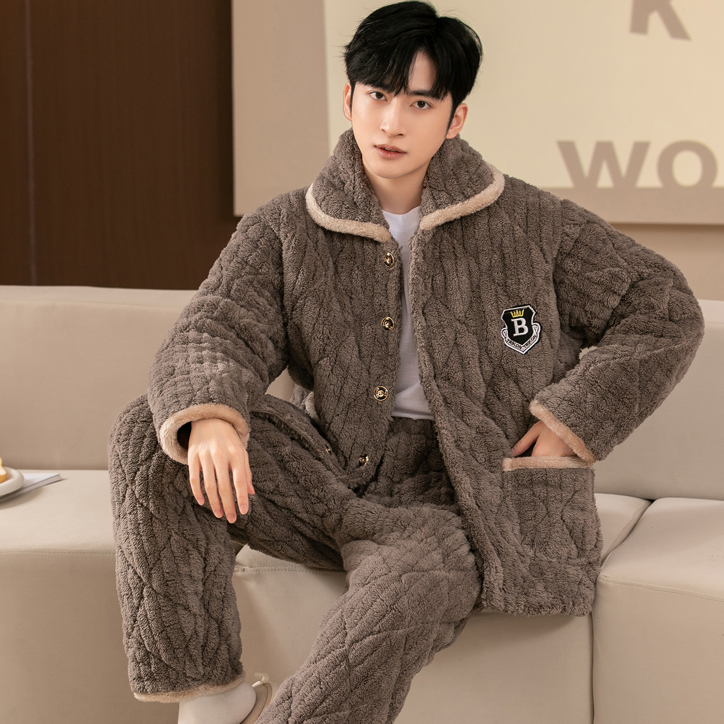 秋冬季法兰绒睡衣男士