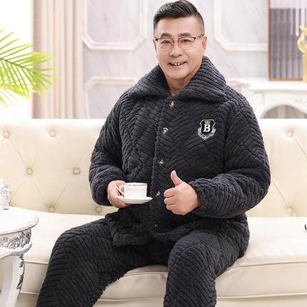 爸爸冬季男士三层加厚夹棉睡衣中老年珊瑚绒套装新款冬天保暖棉袄