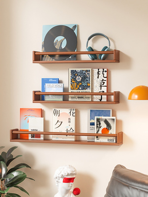 梅氏实木墙上置物架书架杂志客厅壁挂式木制绘本隔板中古风书报架