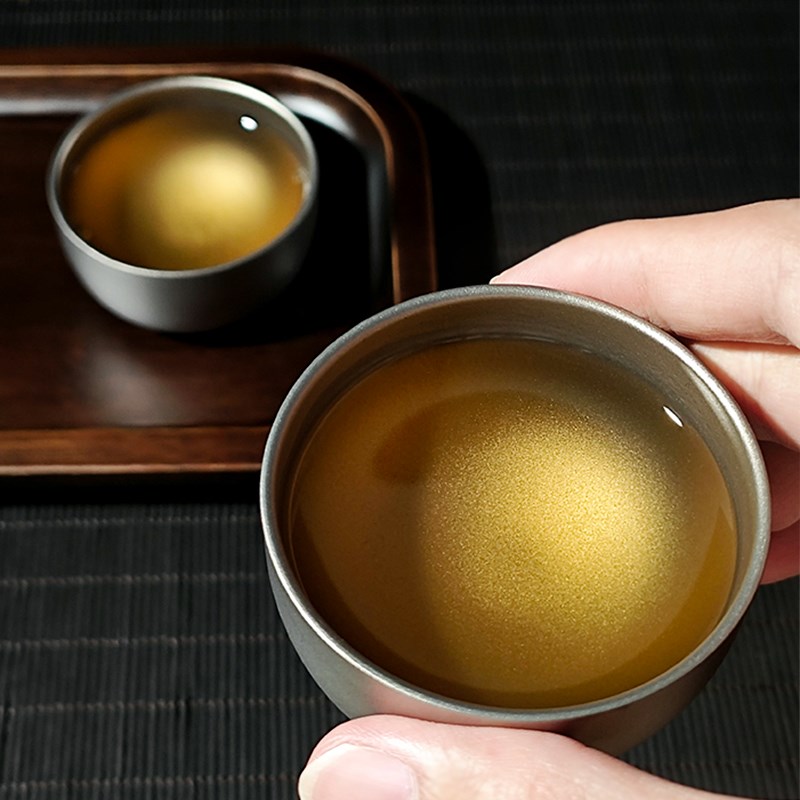 速发纯钛茶杯功夫小茶碗合户外旅杯便捷钛盏金冰花行双层隔热防烫