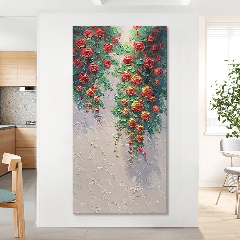 速发蔷薇花手绘油画抽象立体花卉客厅装饰画砂岩丙烯肌理玄关挂画图片