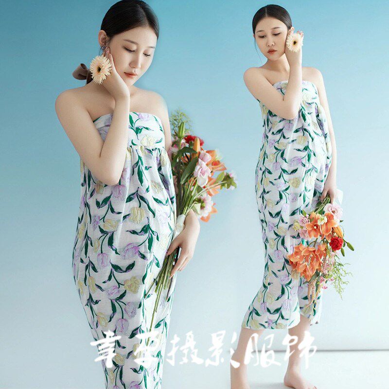 速发影楼拍孕孕照服装复古高级感春季小清新碎花抹胸连衣裙妇妈艺