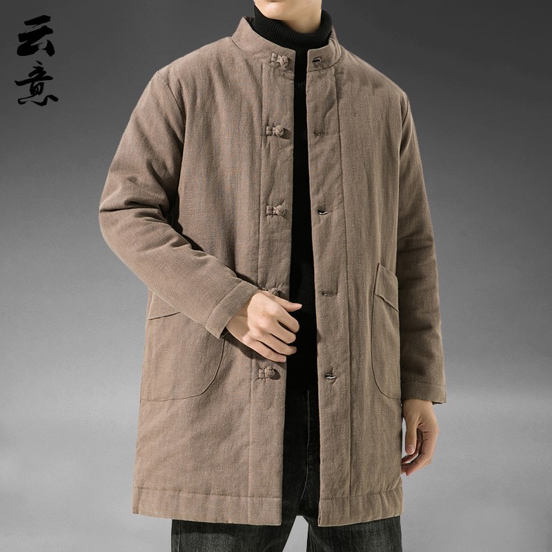 速发厚季中国风中长款汉服棉宽松棉衣亚麻唐装复古风棉服加冬男袄