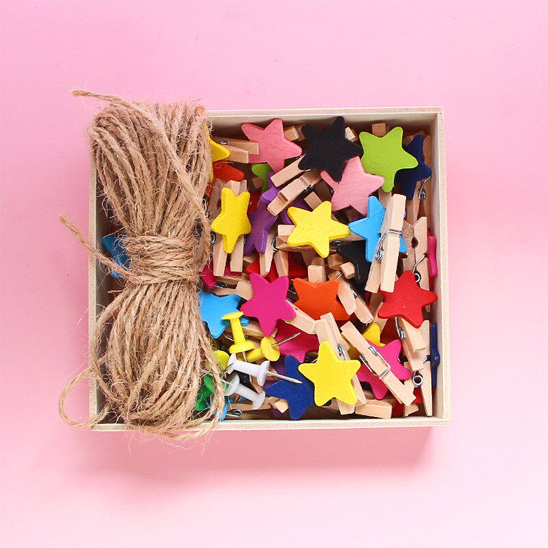 速发照片夹木质麻绳彩色星小夹婚礼小木夹照片星子夹照片夹照片墙