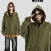 外套 假两件拼接格子卫衣宽松加绒开衫 NOPASS 国潮牌情侣原创美式