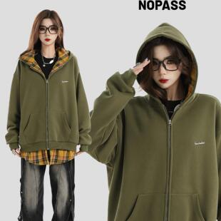 外套 假两件拼接格子卫衣宽松加绒开衫 NOPASS 国潮牌情侣原创美式