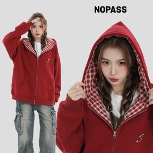外套男女 烫钻别针字母卫衣宽松加绒开衫 NOPASS 国潮情侣原创美式