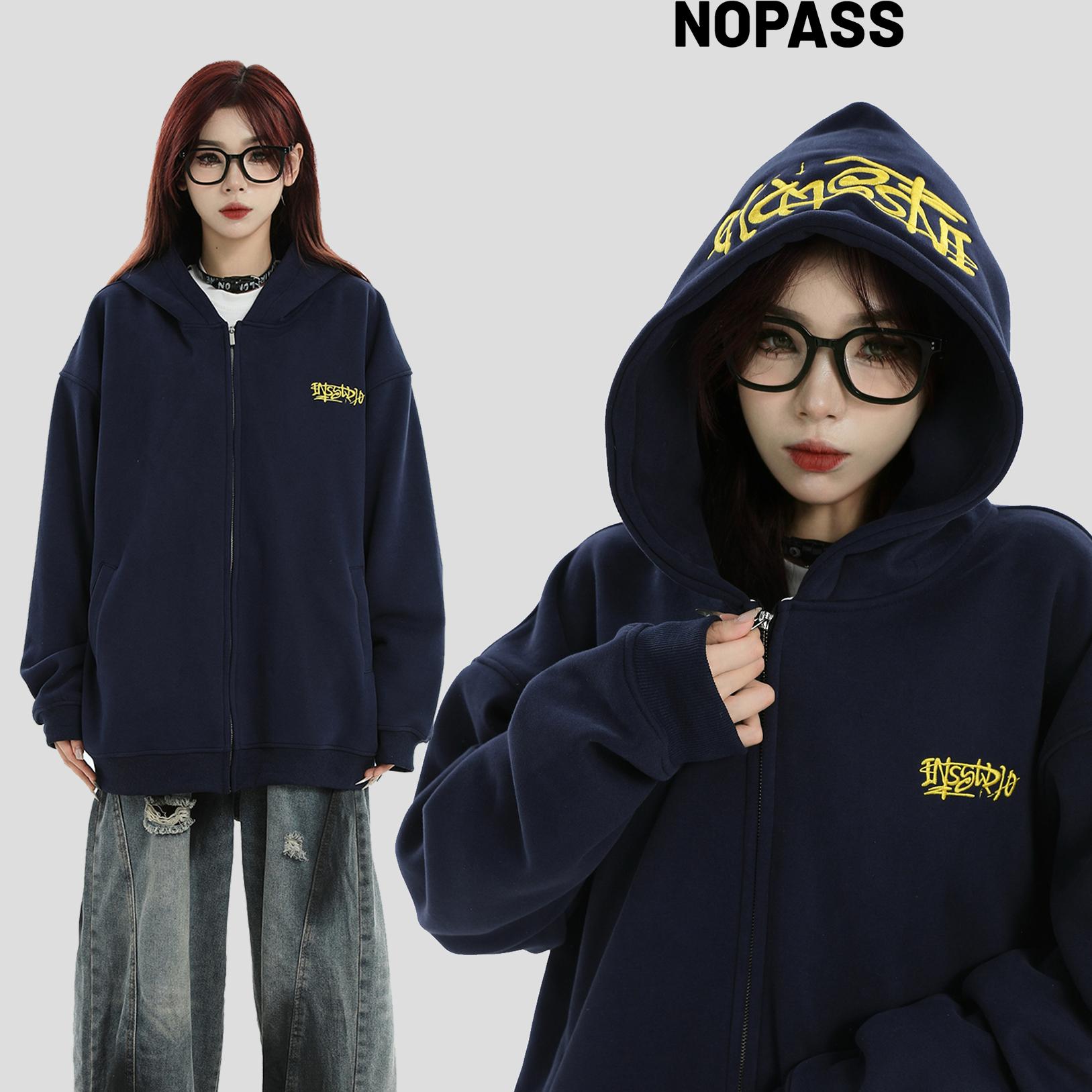 NOPASS手写刺绣字母开衫卫衣
