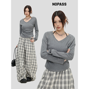 」收腰显瘦修身 「V领抽褶正肩长袖 打底T恤女 国潮原创美式 NOPASS