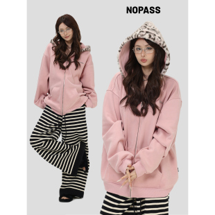 加绒卫衣 复古「豹纹毛领连帽外套」宽松开衫 NOPASS 国潮原创美式