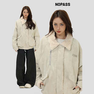 NOPASS 「翻领羔羔毛PU皮外套」宽松加绒保暖夹克女 国潮原创美式