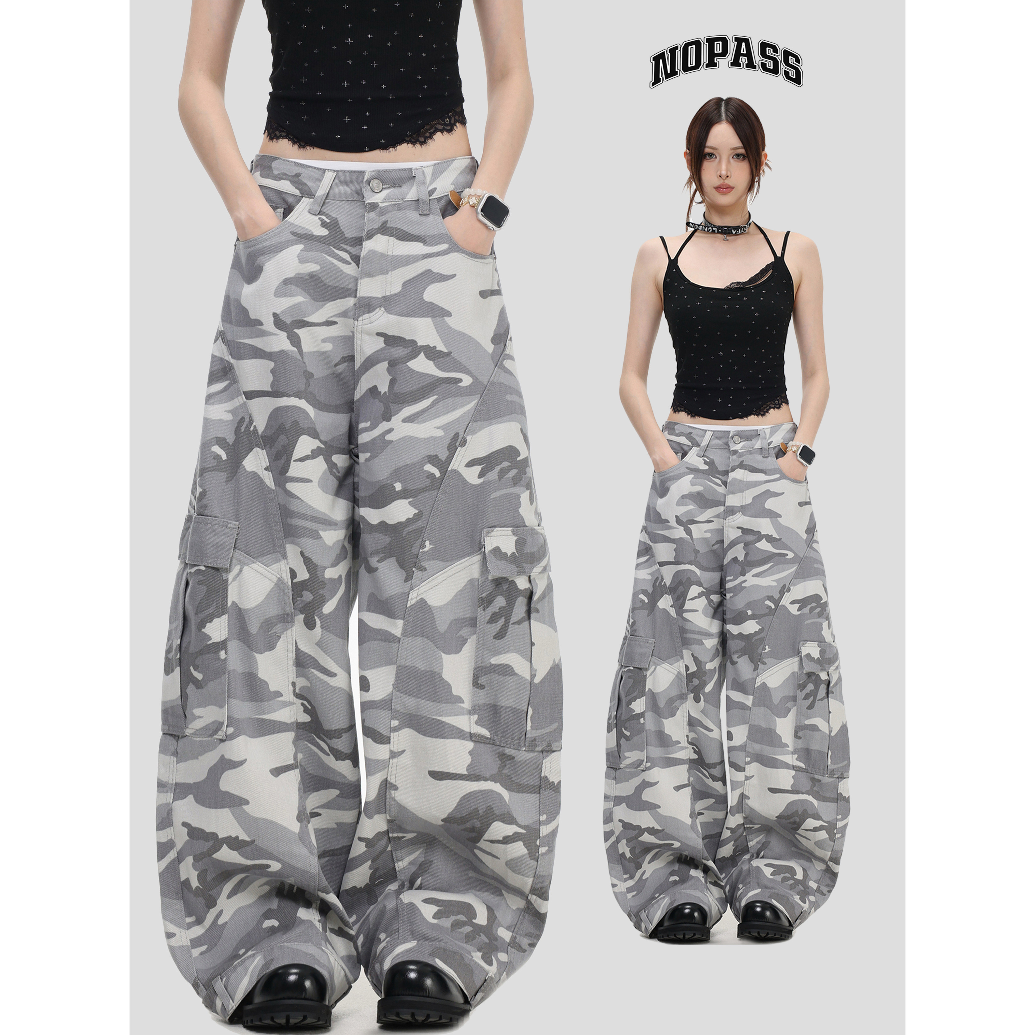 NOPASS 国潮原创美式复古灰白迷彩微弯刀牛仔裤宽松直筒长裤子女,女装/女士精品,牛仔裤,淘宝优惠券,粉丝福利购,淘宝优惠卷