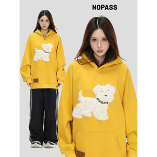 女 「毛绒狗狗刺绣卫衣」宽松加绒连帽衫 NOPASS 国潮情侣原创美式
