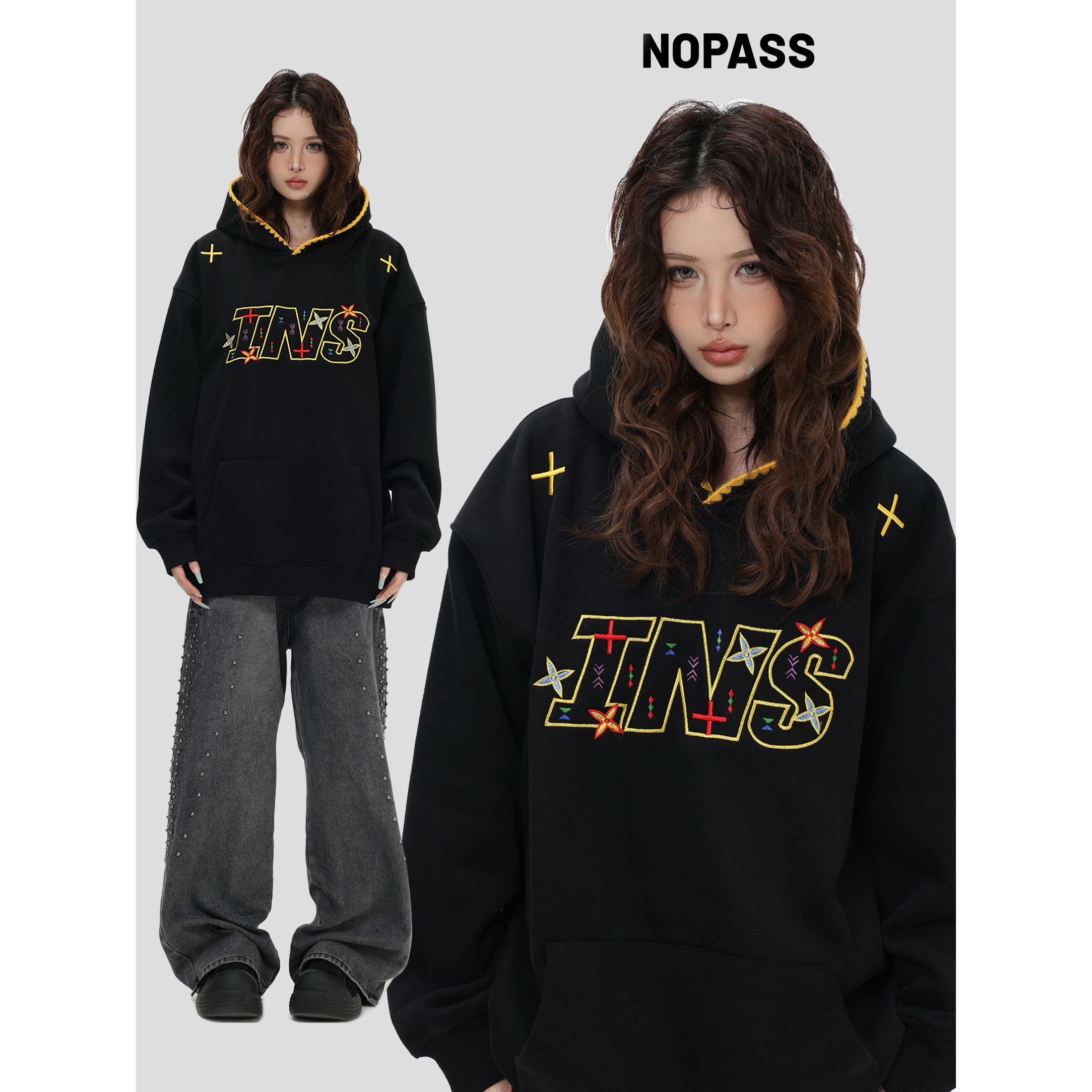 NOPASS贝壳刺绣LOGO连帽卫衣