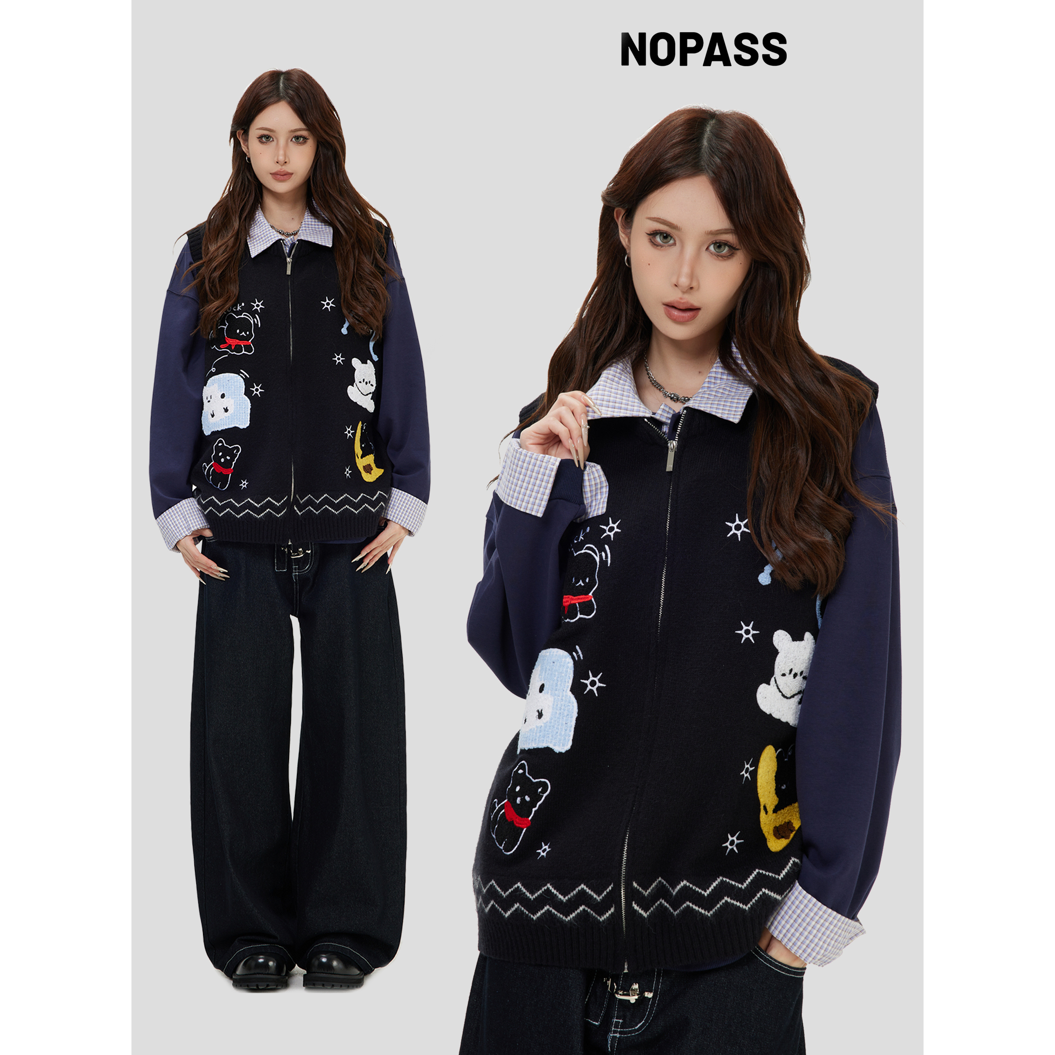 NOPASS刺绣小狗针织马甲毛衣