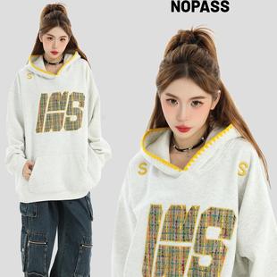 编织贴布刺绣字母卫衣宽松加绒连帽衫 NOPASS 国潮牌情侣原创美式