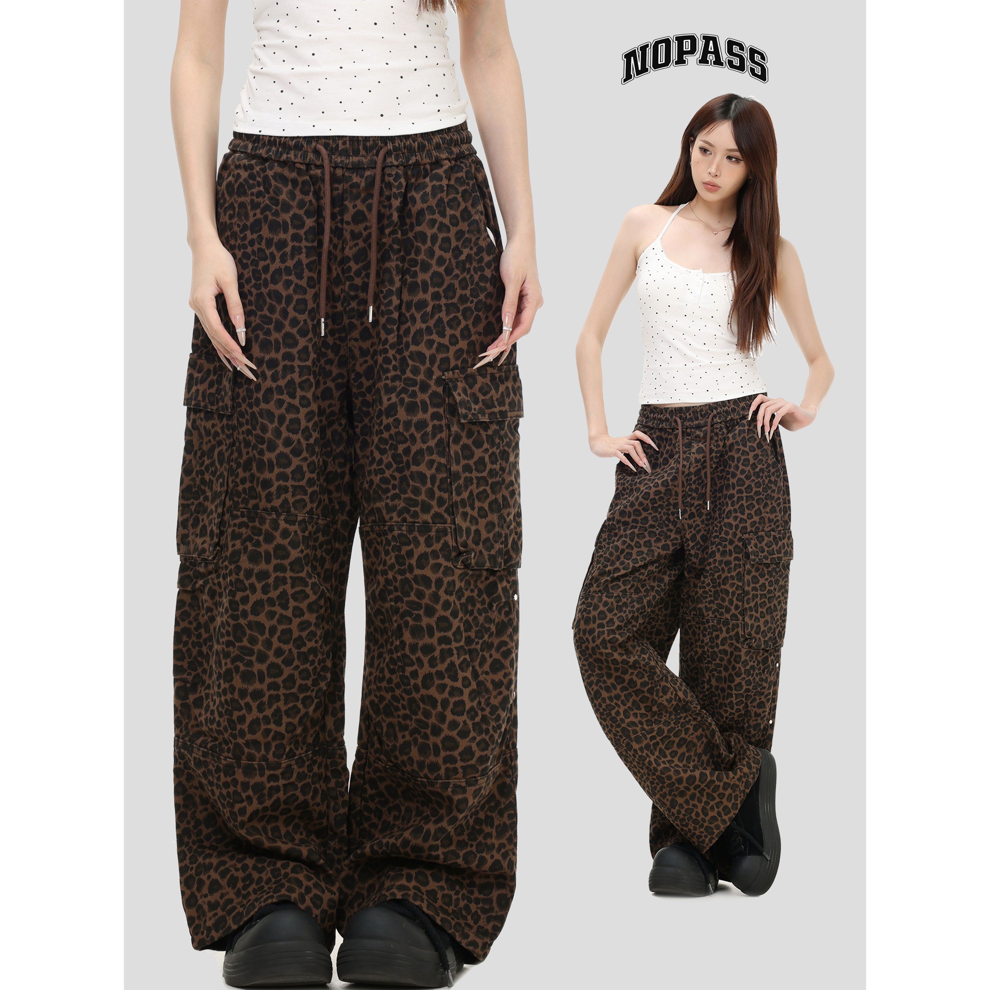 NOPASS复古豹纹弯刀工装裤