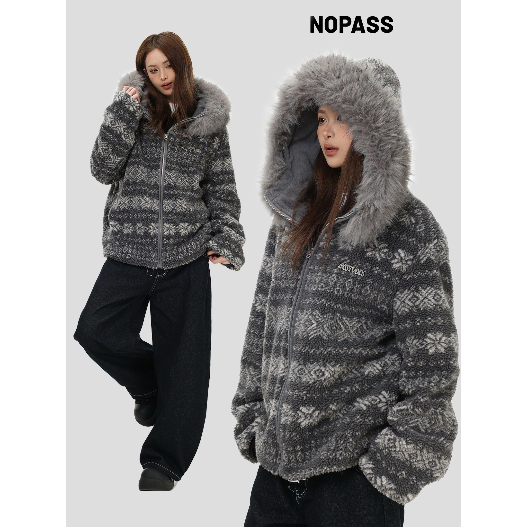 NOPASS毛领连帽费尔岛外套