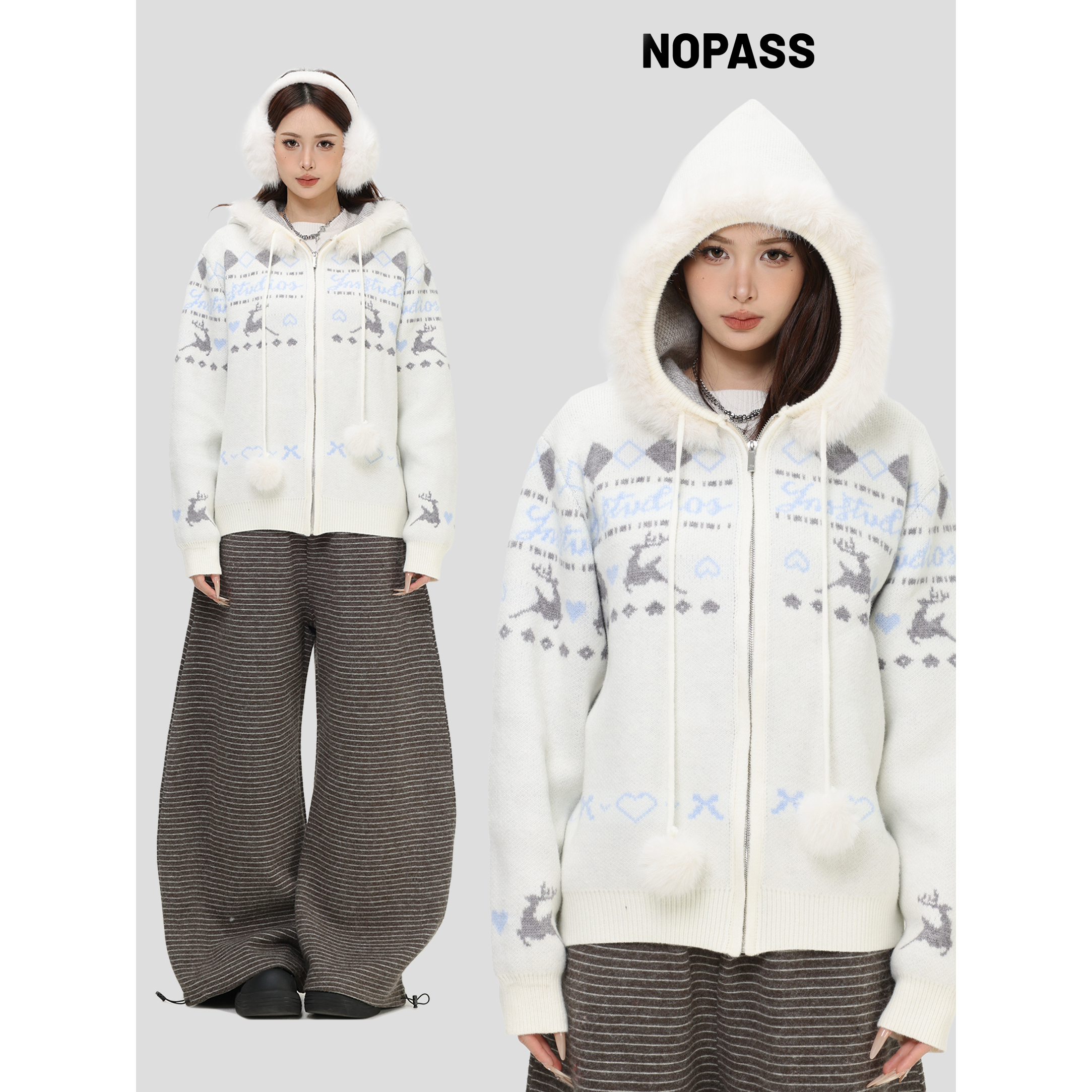 NOPASS费尔岛毛领连帽毛衣