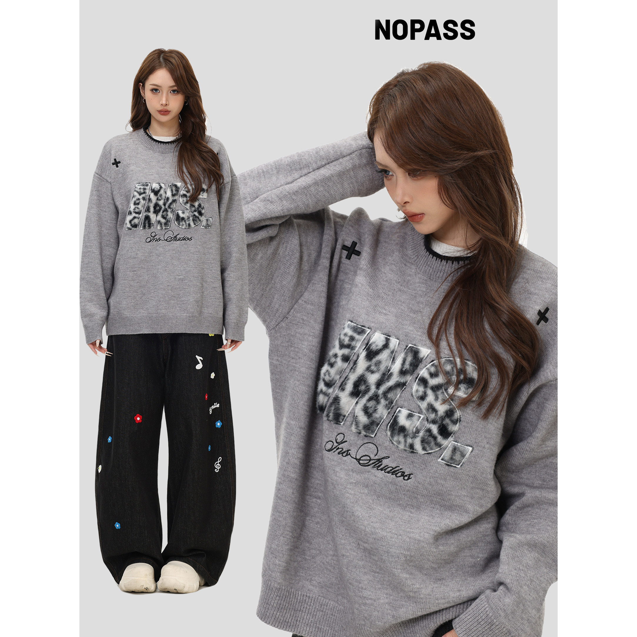 NOPASS豹纹贴布绣圆领毛衣