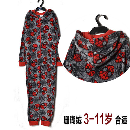 清仓秋冬款珊瑚绒卡通连帽连体衣家居服男孩儿童中大童保暖连体裤