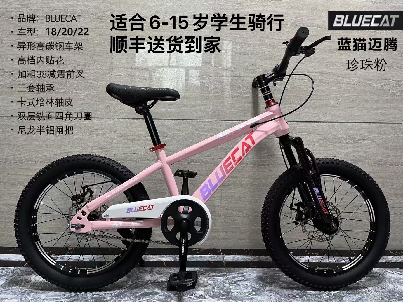 蓝猫迈腾18/20/22寸双碟刹单速山地自行车适合6-15岁男女孩学生骑