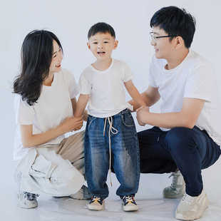 拍照亲子装2025新款夏装t恤一家三口四口婴儿百天周岁拍照全家装