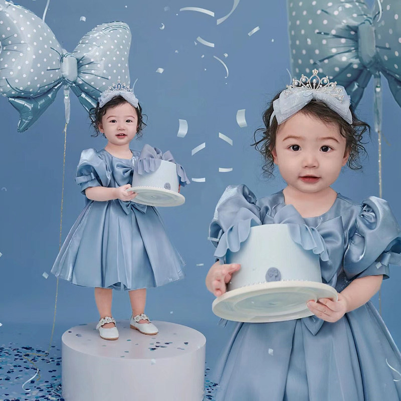 儿童摄影服装2026影楼拍照主题10-12岁礼服花童大女孩灰蓝缎面裙