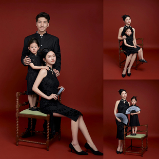 新年亲子装一家四口新中式国风旗袍中山装主题拍照服装影楼写真照