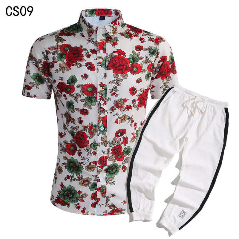 1508-CS09+K522-P45外贸欧美跨境现货短袖衬衫套装夏威夷沙滩衬衣，男装T恤，星座1508-1