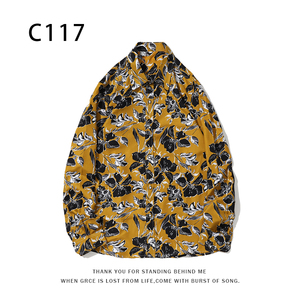 1508-C117-P25秋装新款港风印花长袖衬衫免烫休闲衬衣潮修身上衣图片