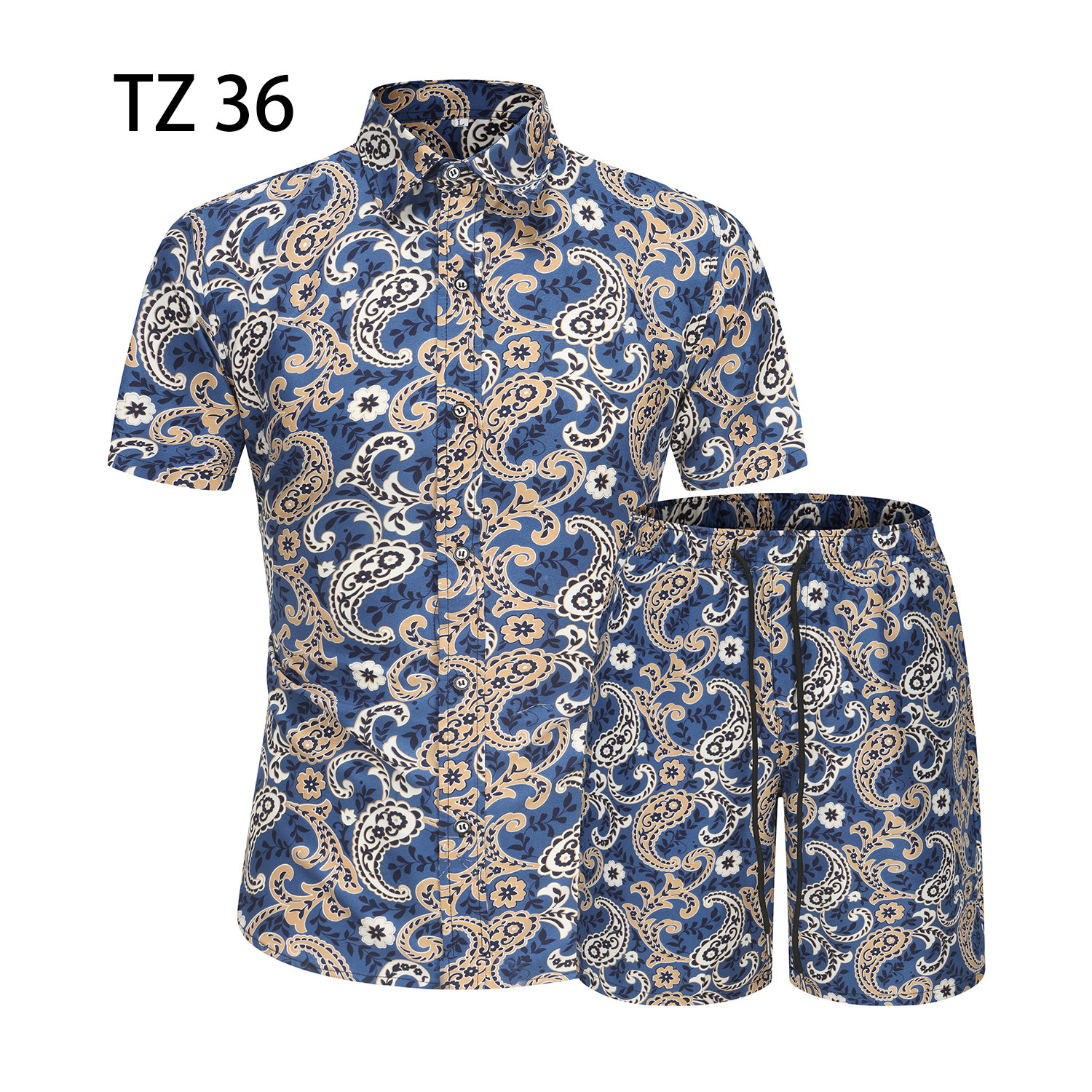 1508-TZ36-P40夏装新款港风印花短袖衬衫套装两件套免烫沙滩裤图片